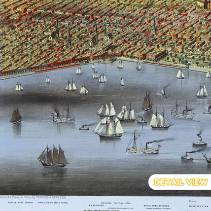 Detail of intricately designed urban streets and industrial buildings of Chicago 1870