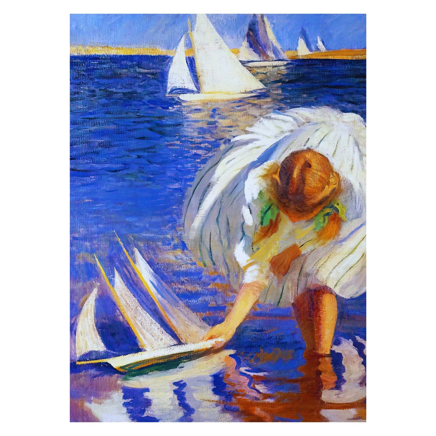 Girl with Sailboat by Edmund C. Tarbell - American Impressionism painting of a child playing with a toy boat at the ocean's edge. Wood jigsaw puzzle.