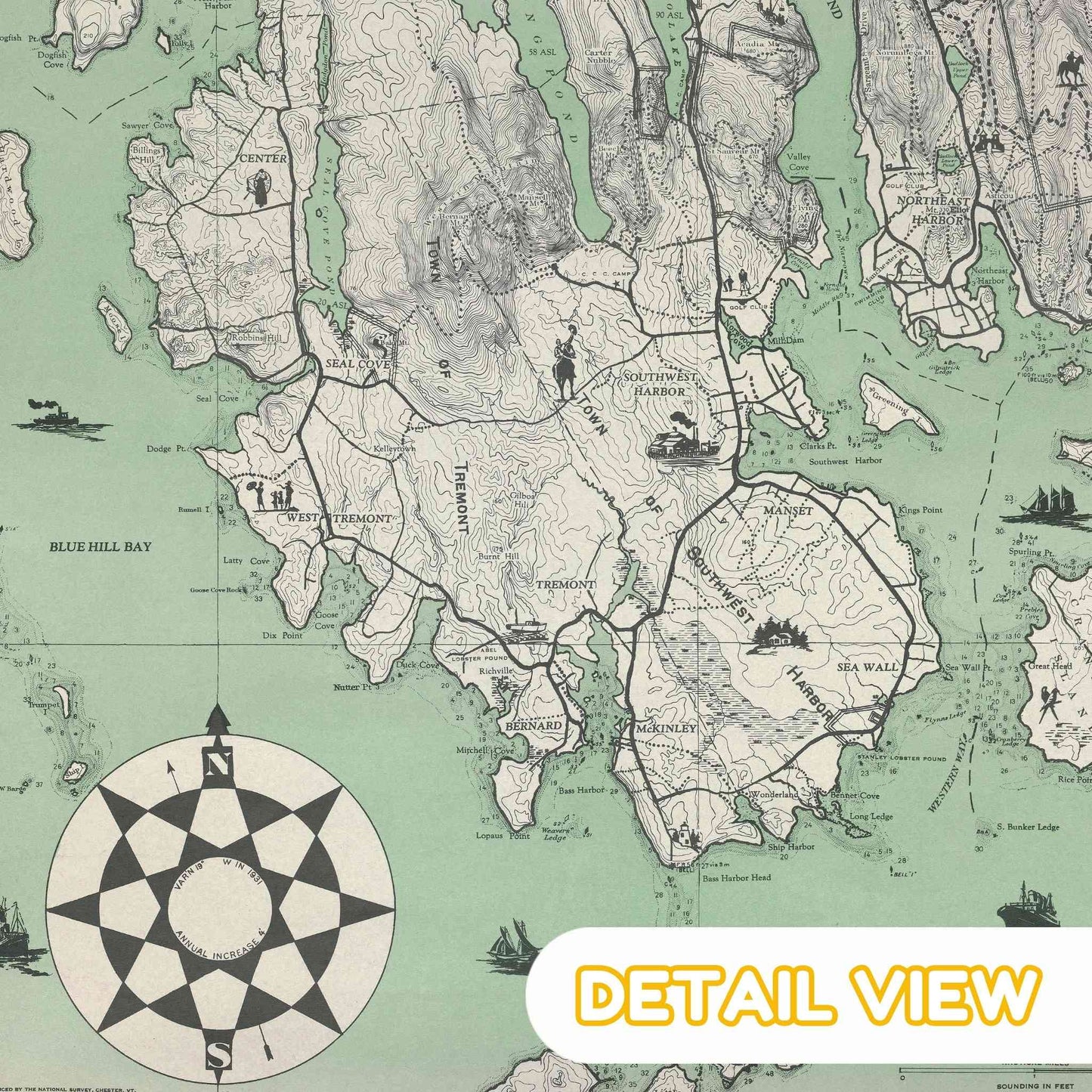 Close-up of Acadia's mountainous regions with relief shading highlighting elevation variations.