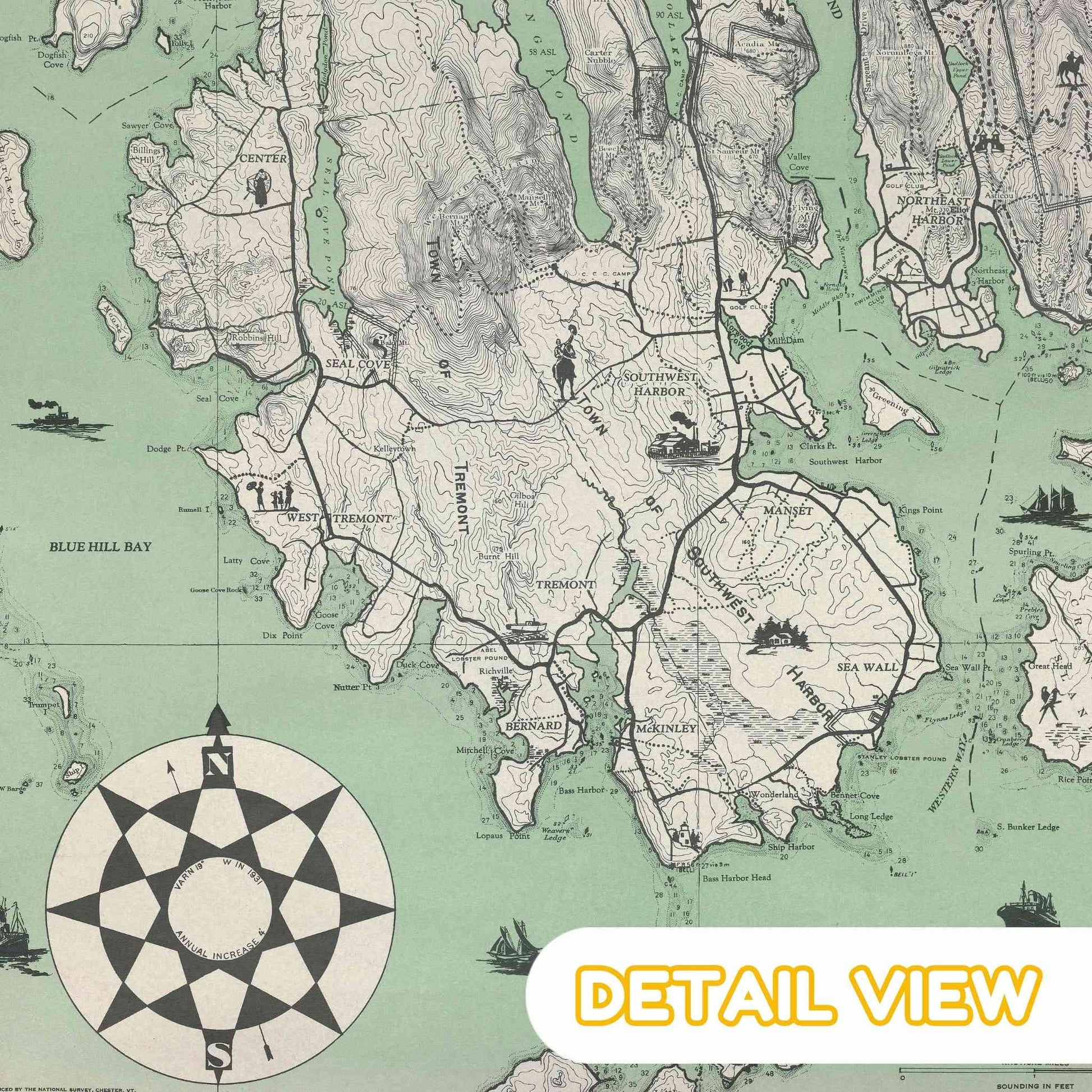 Close-up of Acadia's mountainous regions with relief shading highlighting elevation variations.
