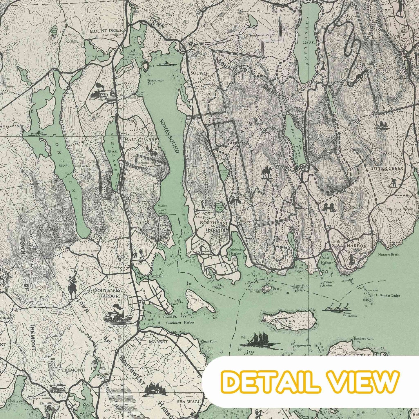 Detail of Bar Harbor area, featuring winding roads and coastal contours in exquisite detail.