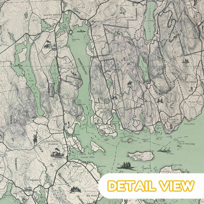 Detail of Bar Harbor area, featuring winding roads and coastal contours in exquisite detail.