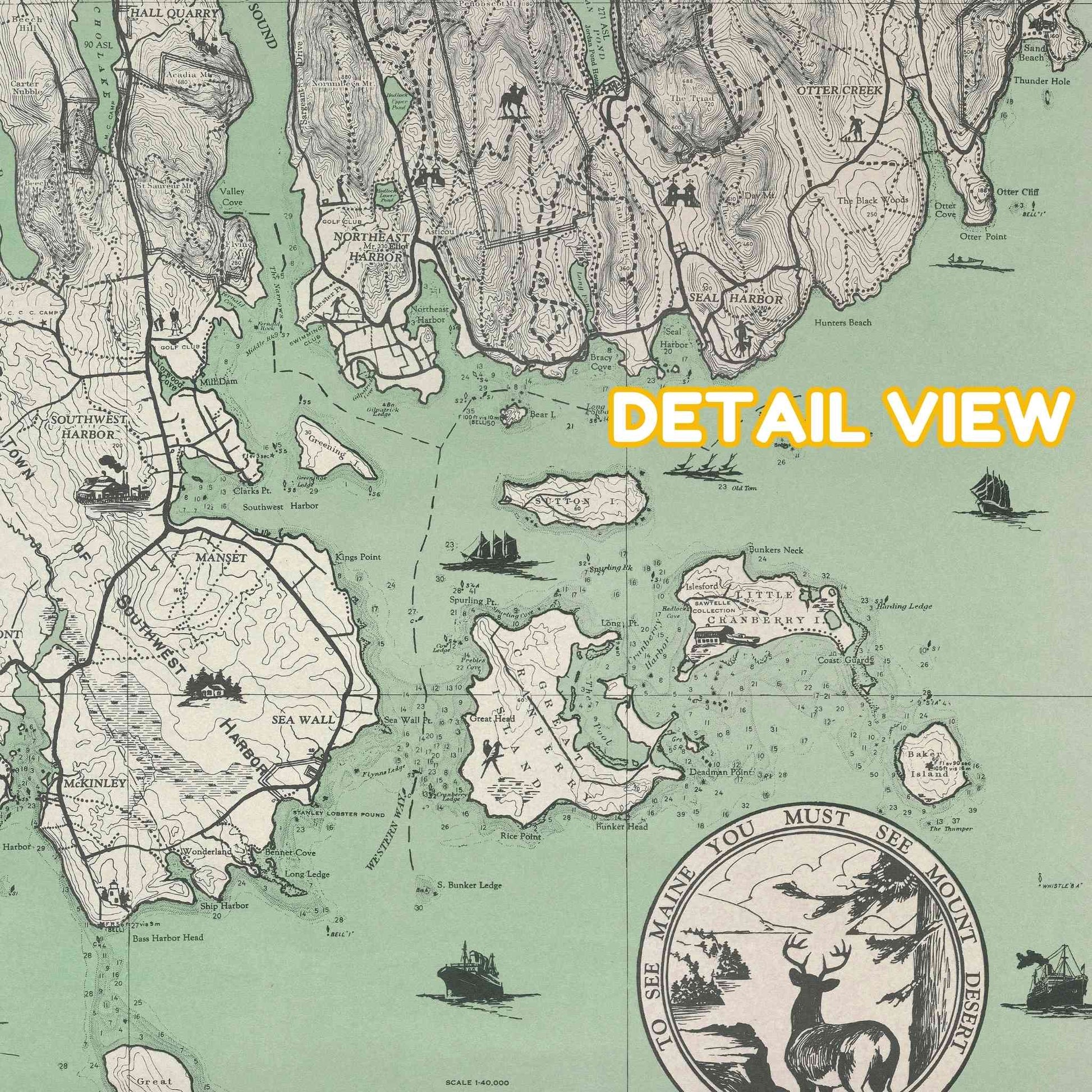 Wooden puzzle map detail featuring Mount Desert Island with places like Southwest Harbor and Bar Harbor in a vintage style.