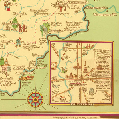 Detail of intricate map depicting wildlife and Native American settlements