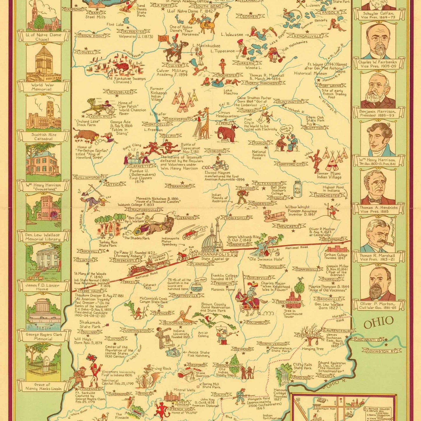 Close-up of Indiana's decorative border with vignettes of notable buildings
