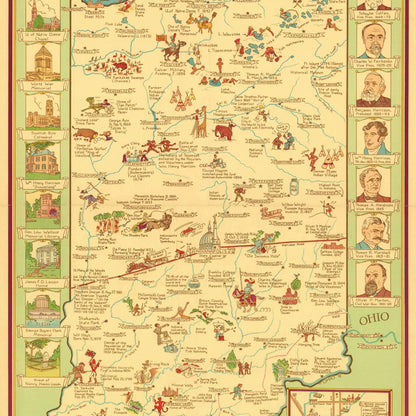 Close-up of Indiana's decorative border with vignettes of notable buildings