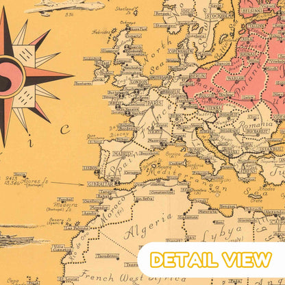 Vintage map of Europe with a compass rose on an orange background