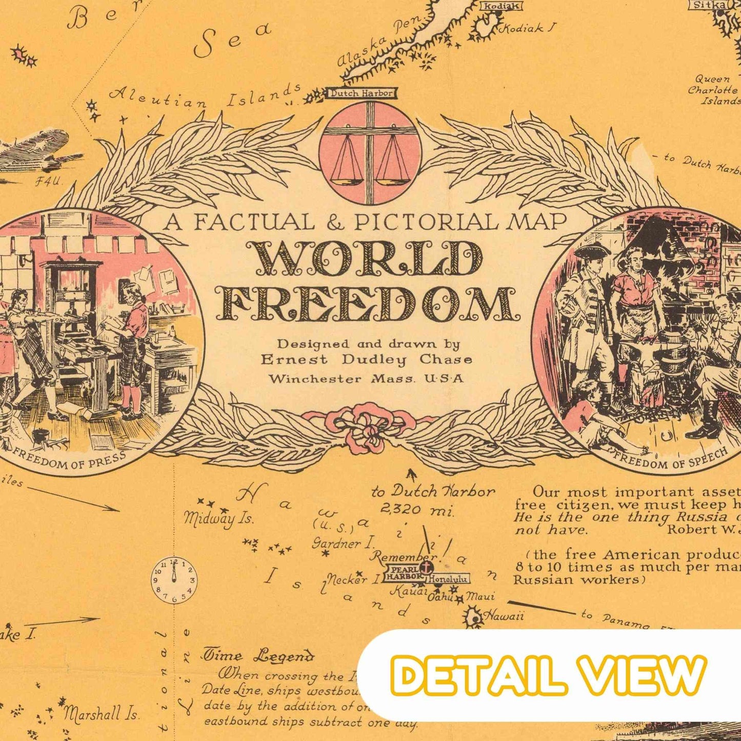 Close-up of historical vignettes depicting figures and scenes promoting liberty around the map's border.