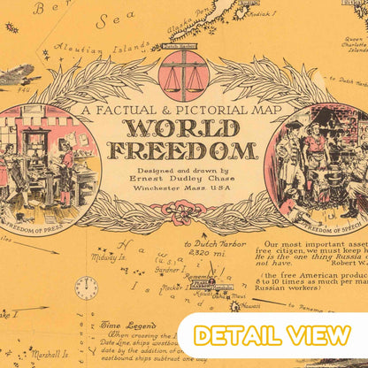Close-up of historical vignettes depicting figures and scenes promoting liberty around the map's border.