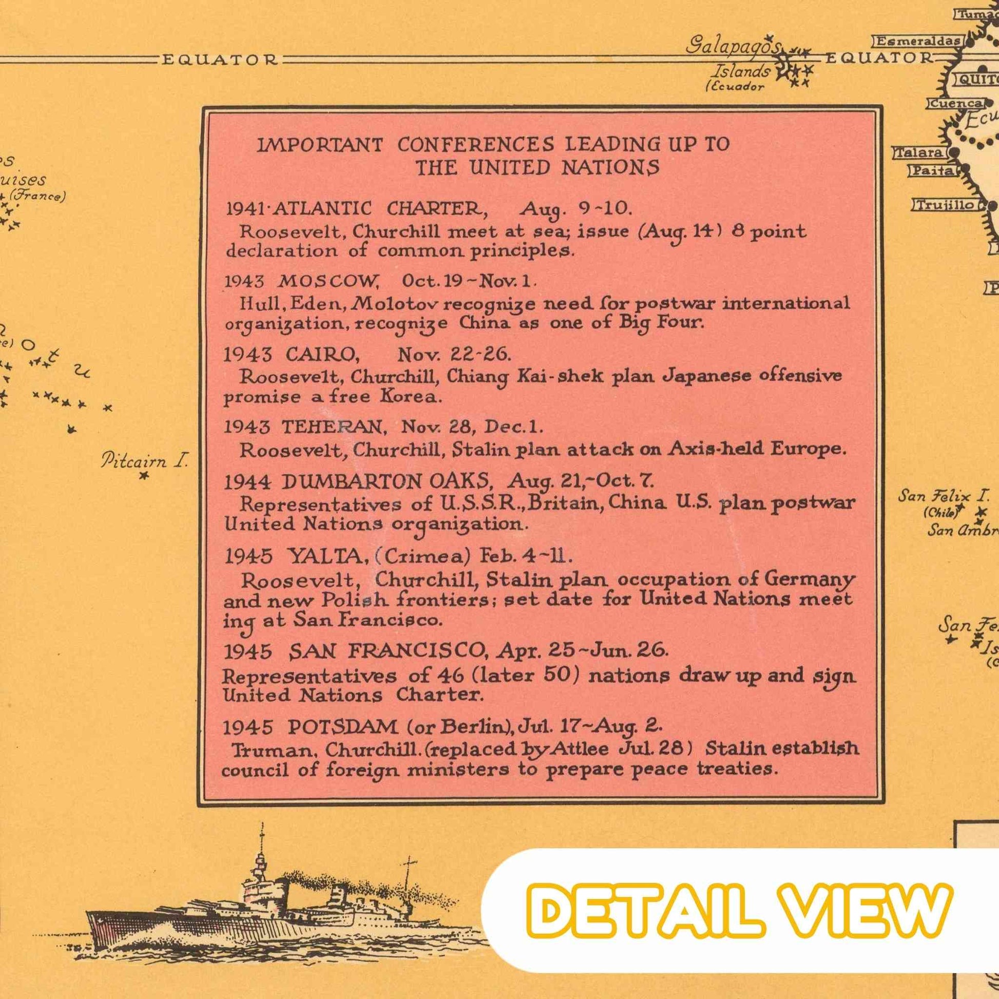Map with text detailing important conferences leading up to the United Nations on a yellowed paper background.