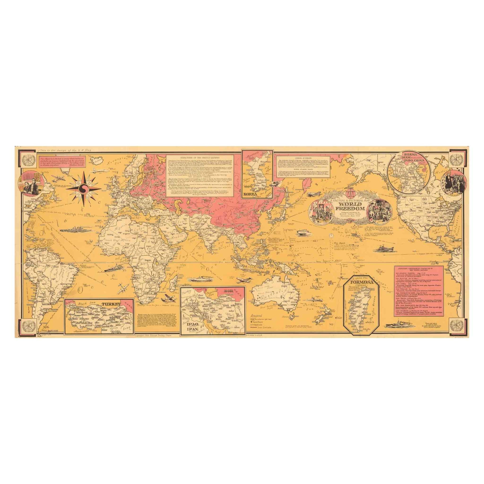 Chase's 1950 map showing colorful Mercator projection with political boundaries and liberty-themed vignettes.