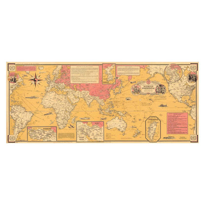 Chase's 1950 map showing colorful Mercator projection with political boundaries and liberty-themed vignettes.