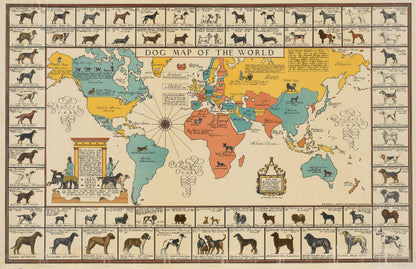 Dog Map of the World by Joseph Patterson Sims showing diverse dog breeds globally arranged on a flat map.