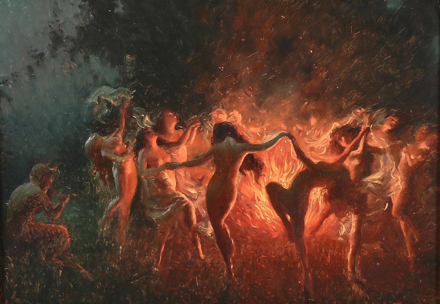 Joseph Tomanek's Fire Dance with fiery figures in motion around a bonfire under a dark sky