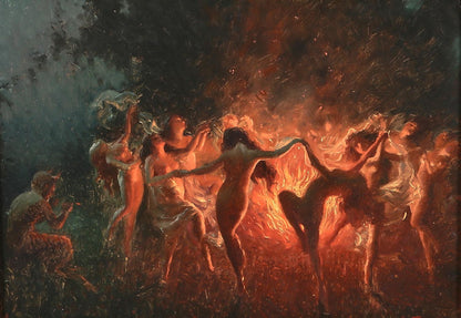 Joseph Tomanek's Fire Dance with fiery figures in motion around a bonfire under a dark sky