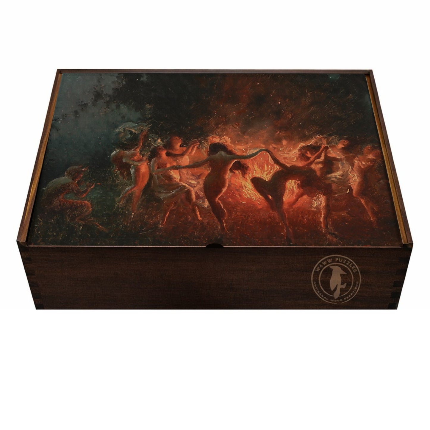Wooden puzzle box featuring Joseph Tomanek's Fire Dance artwork