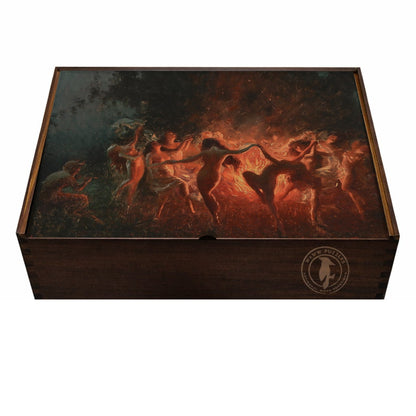 Wooden puzzle box featuring Joseph Tomanek's Fire Dance artwork