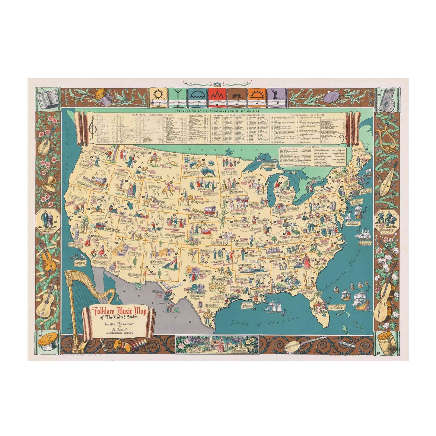 Folklore Music Map by Dorothea Dix Lawrence, vibrant depiction of U.S. with musical icons and ornate borders