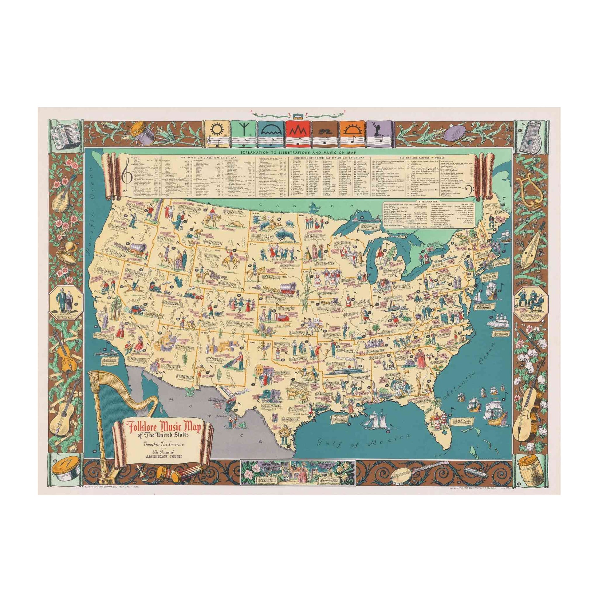 Folklore Music Map by Dorothea Dix Lawrence, vibrant depiction of U.S. with musical icons and ornate borders