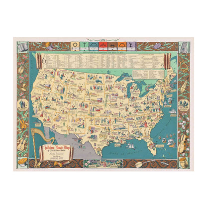 Folklore Music Map by Dorothea Dix Lawrence, vibrant depiction of U.S. with musical icons and ornate borders