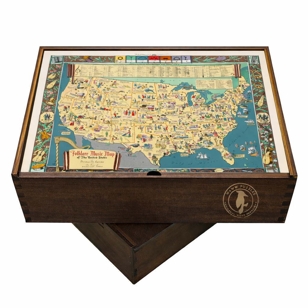 Handcrafted wooden puzzle box displaying Folklore Music Map by Lawrence artwork
