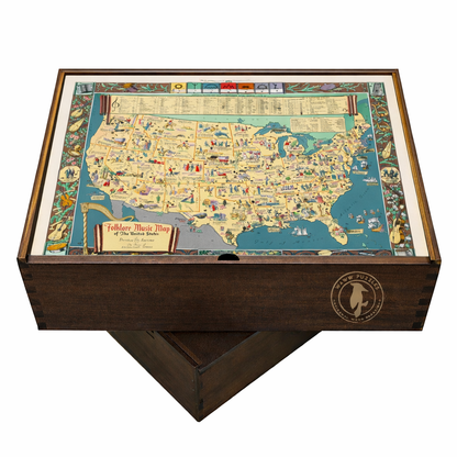 Handcrafted wooden puzzle box displaying Folklore Music Map by Lawrence artwork
