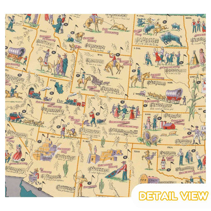 Map of the American West with illustrations and text. Details of musical instruments and folklore characters from folklore music premium wooden jigsaw puzzle colorful illustration