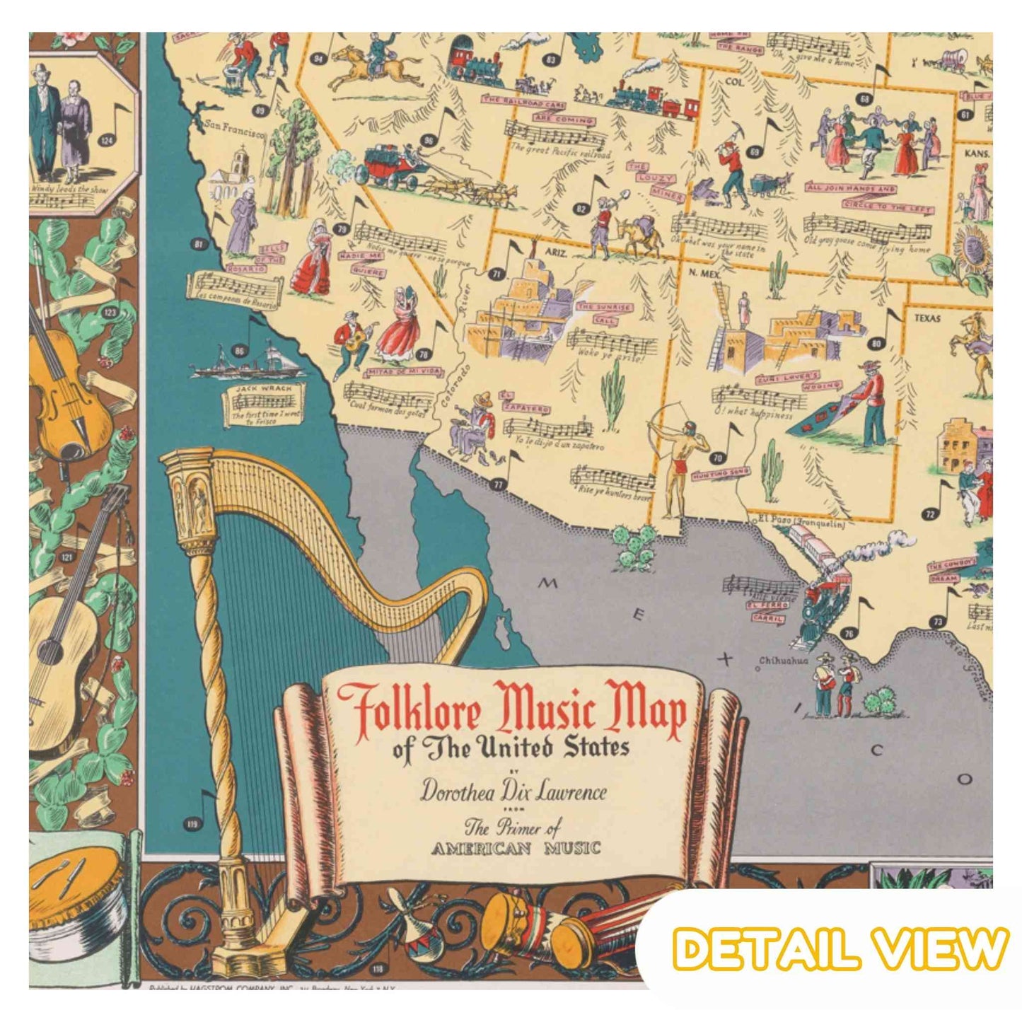Map of the United States with musical instruments and people, labeled 'Folklore Music Map of The United States'.