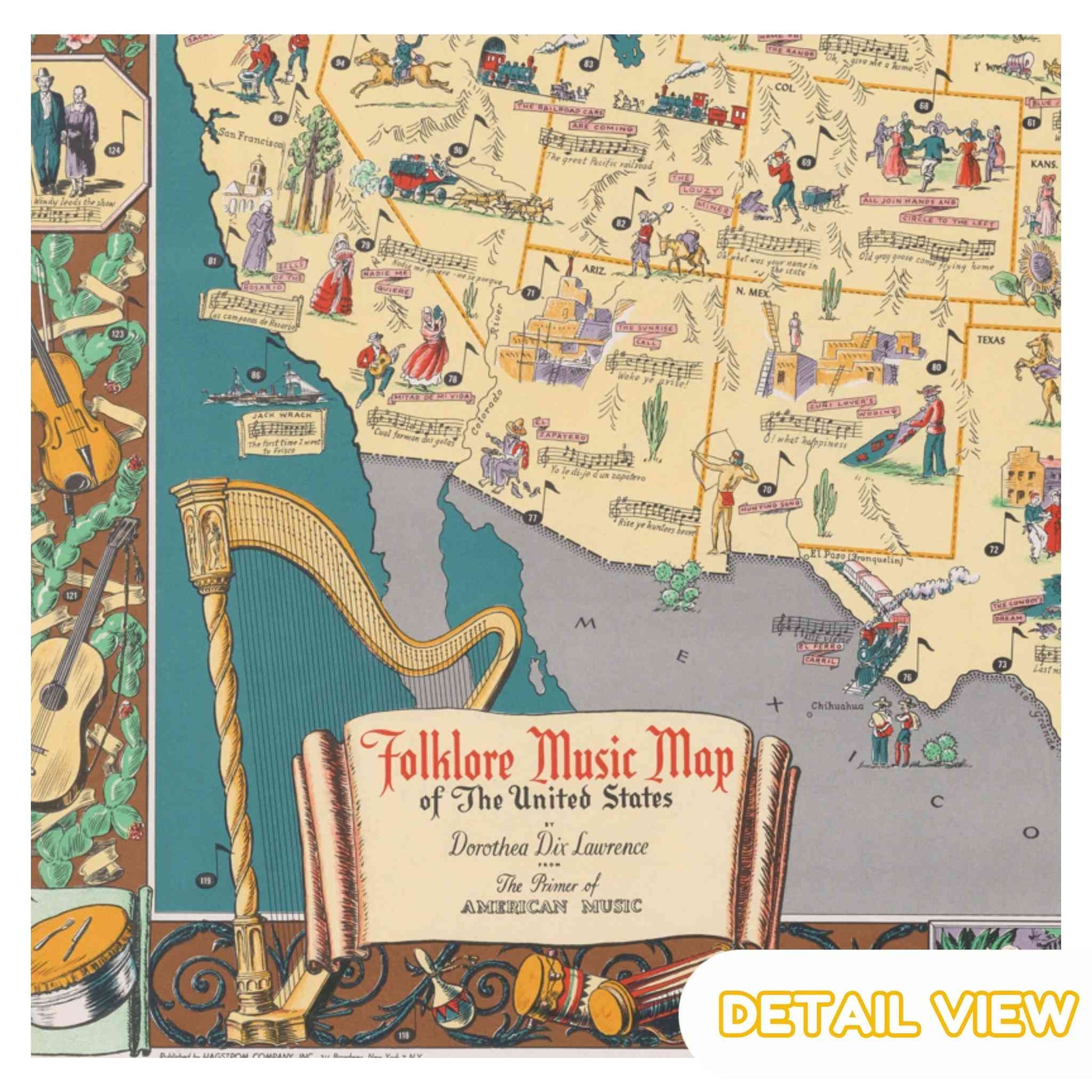 Map of the United States with musical instruments and people, labeled 'Folklore Music Map of The United States'.