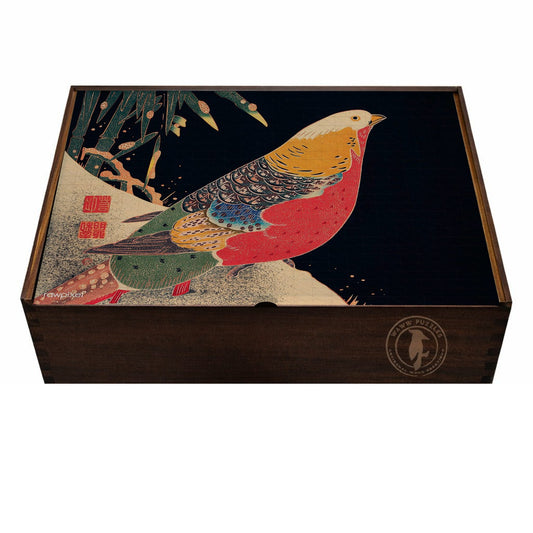 Elegant wooden puzzle box featuring Itō Jakuchū's Golden Pheasant in the Snow