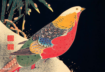 Itō Jakuchū's Golden Pheasant in the Snow with detailed pheasants and snow-laden branches.