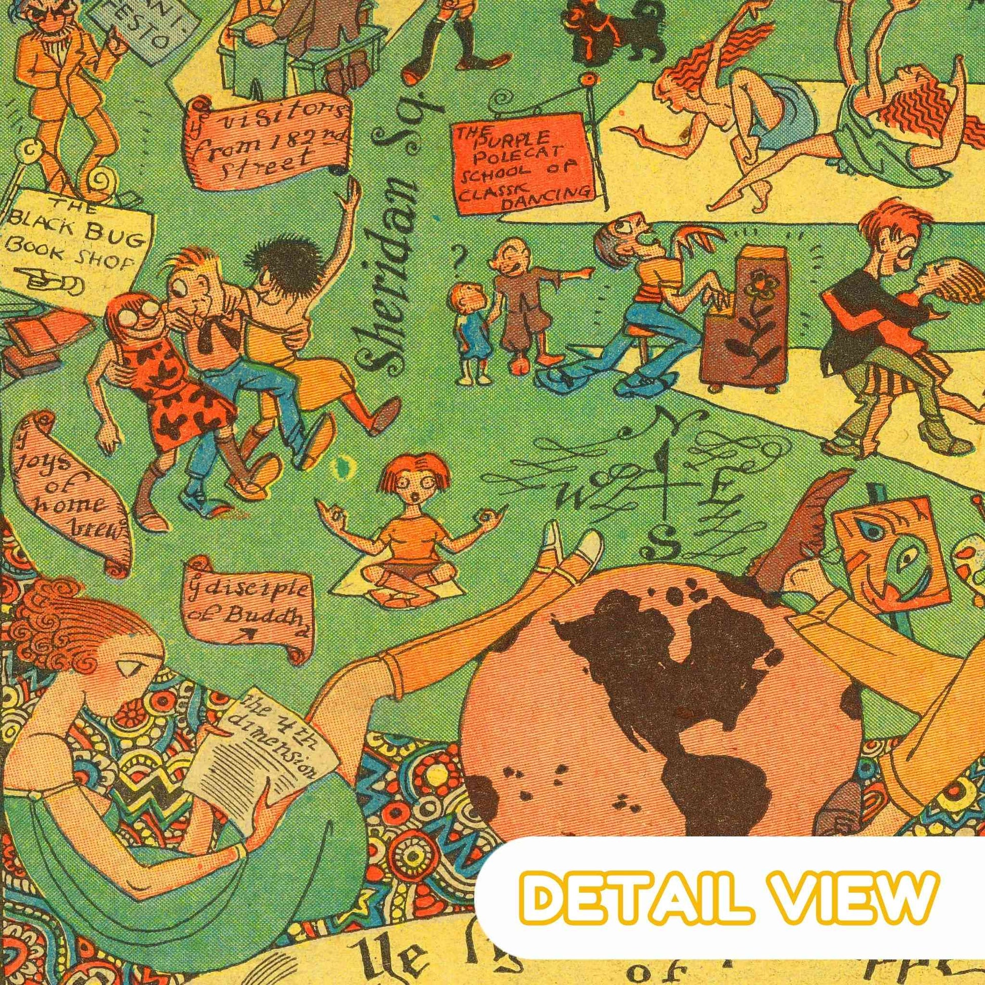 Coulton Waugh's vintage map detailing early 20th-century Greenwich Village with caricatures and landmarks.