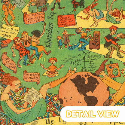 Coulton Waugh's vintage map detailing early 20th-century Greenwich Village with caricatures and landmarks.
