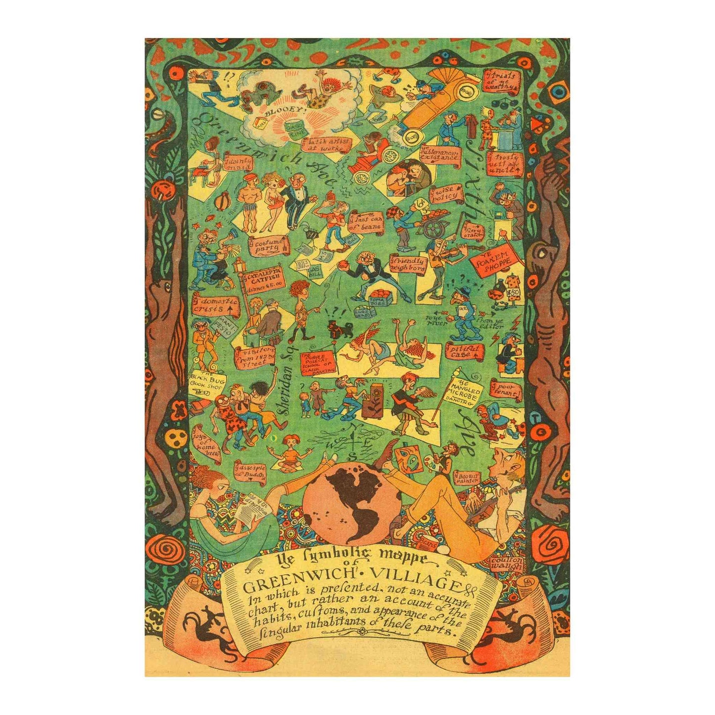 Coulton Waugh's vintage map detailing early 20th-century Greenwich Village with caricatures and landmarks.