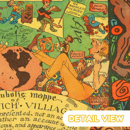 Vintage map detailing early 20th-century Greenwich Village with caricatures and landmarks.