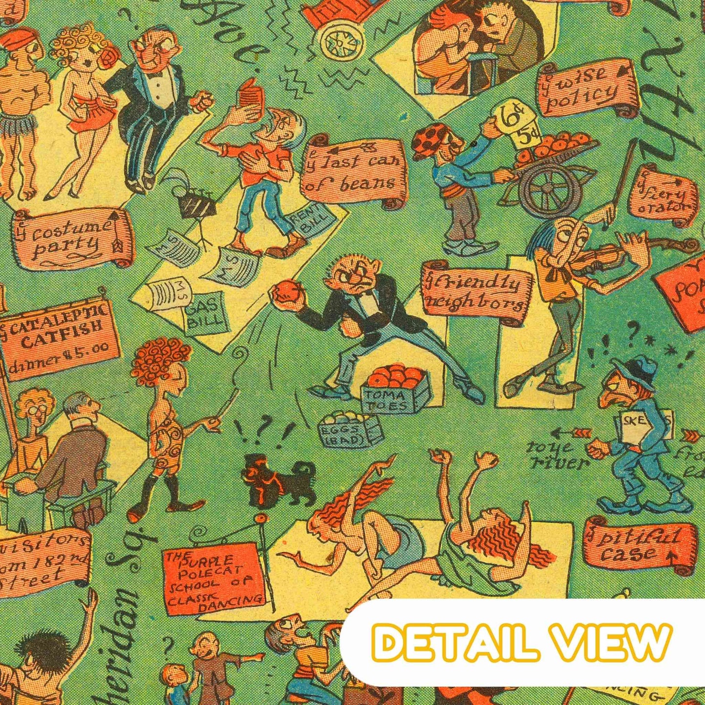 Close-up of caricatures depicting bohemian figures and street life in Greenwich Village.