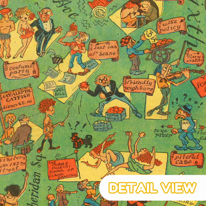 Close-up of caricatures depicting bohemian figures and street life in Greenwich Village.