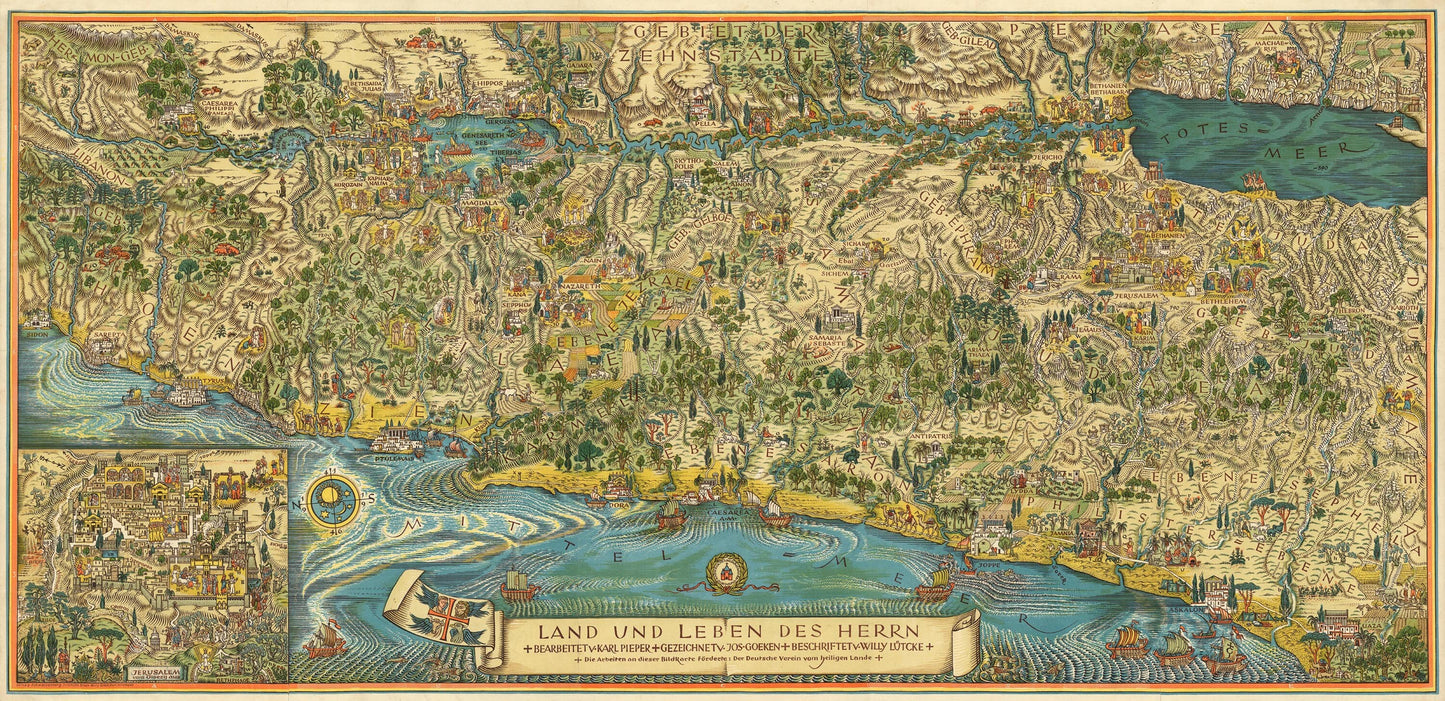 Bird's-eye view of Palestine showcasing biblical landmarks and events.