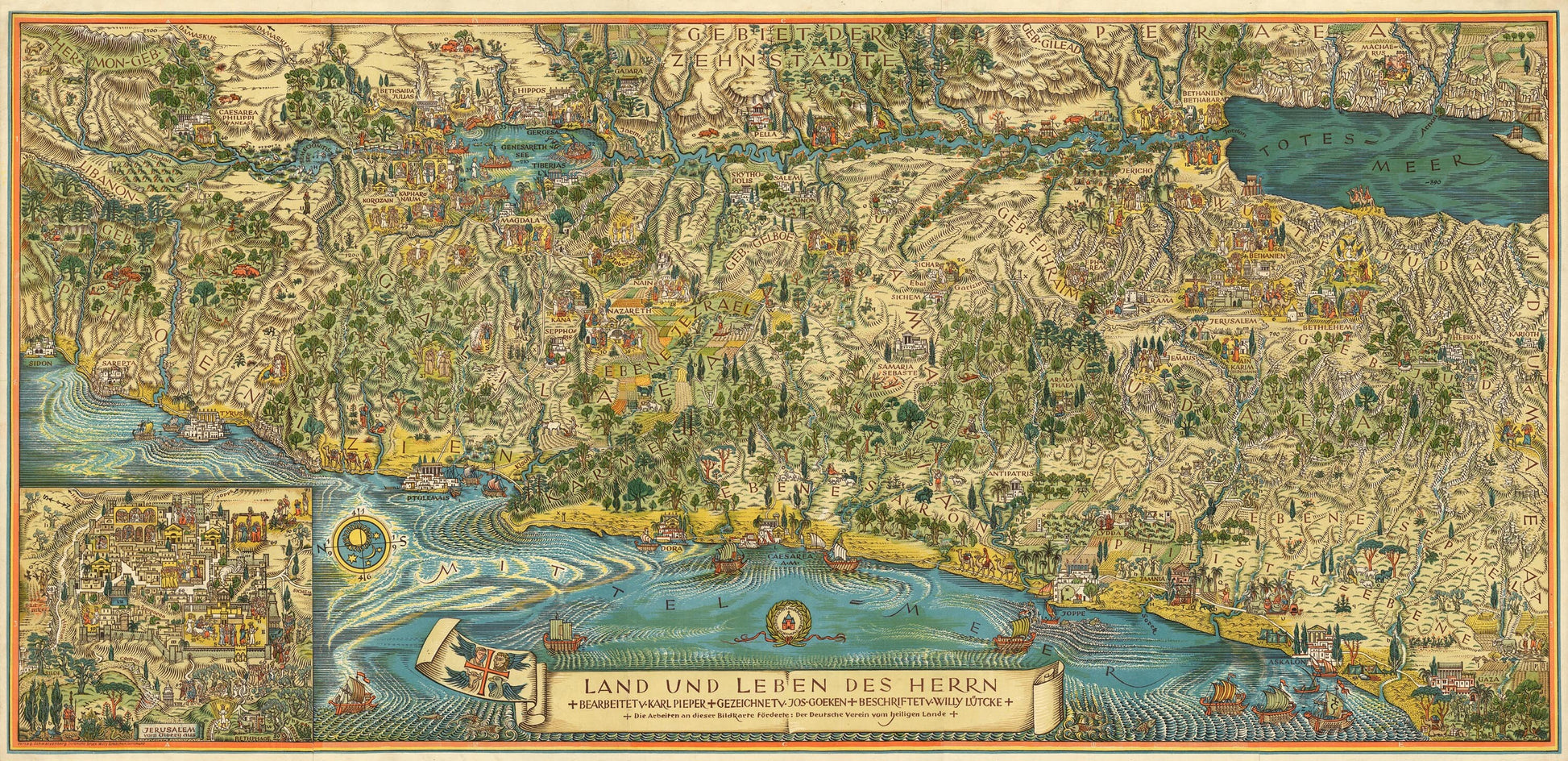 Bird's-eye view of Palestine showcasing biblical landmarks and events.