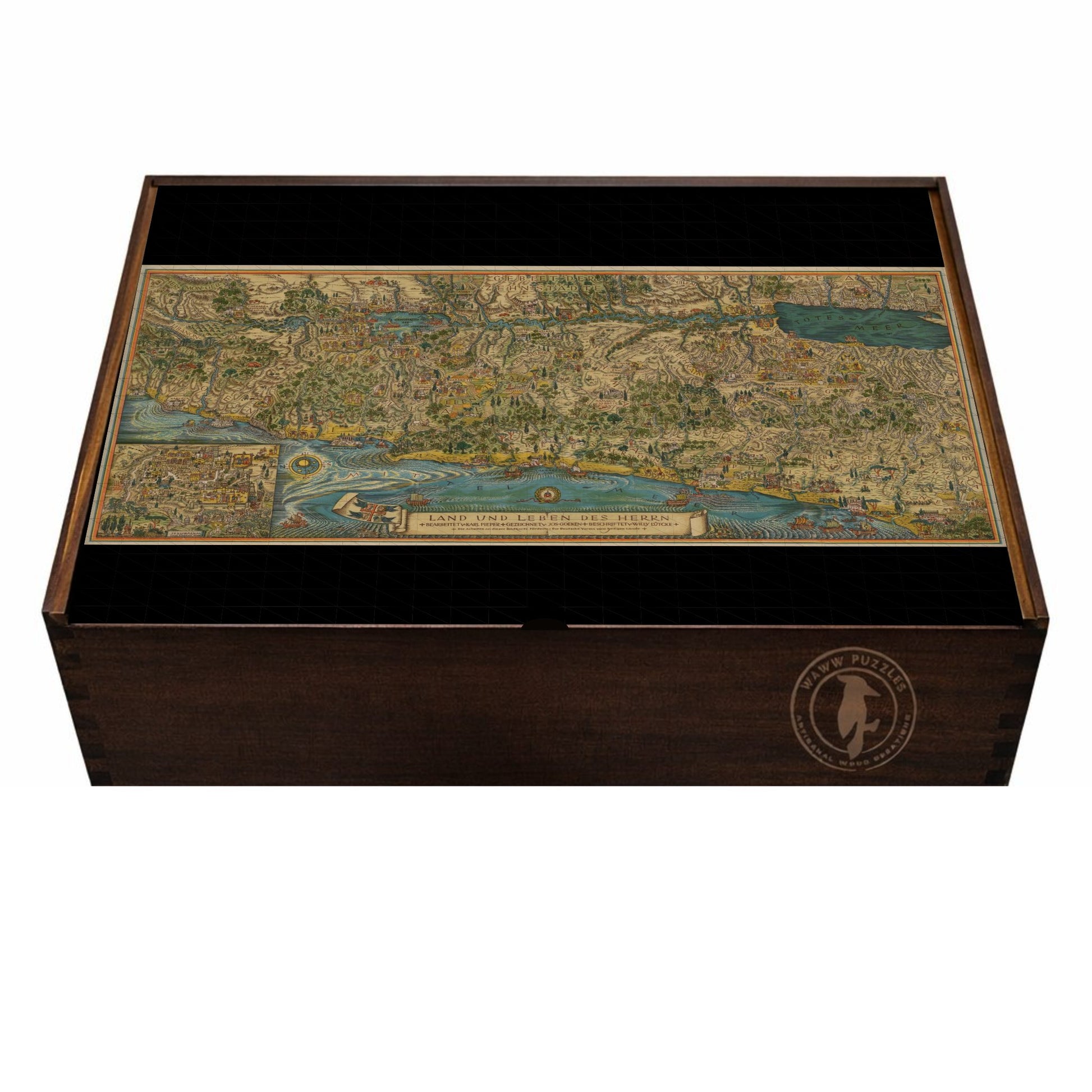 Premium wooden puzzle box featuring 'The Land and Life of the Lord'.