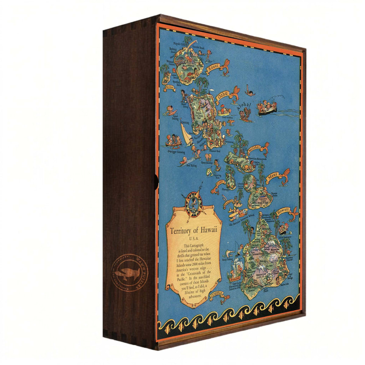 Premium wooden puzzle box featuring Ruth Taylor White's Hawaiian map