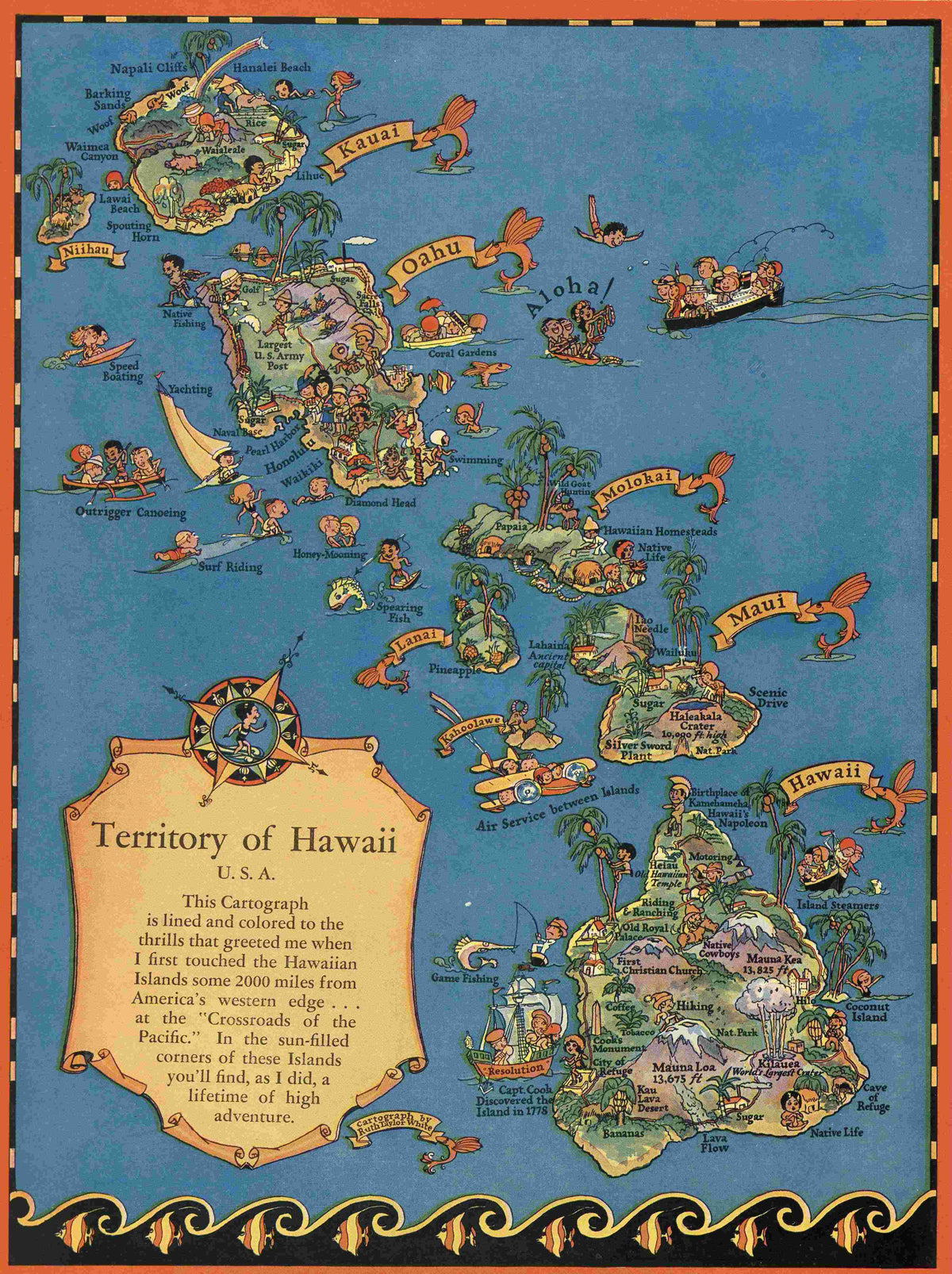 Ruth Taylor White's Map of Hawaiian Islands, colorful island scenes, 1930s
