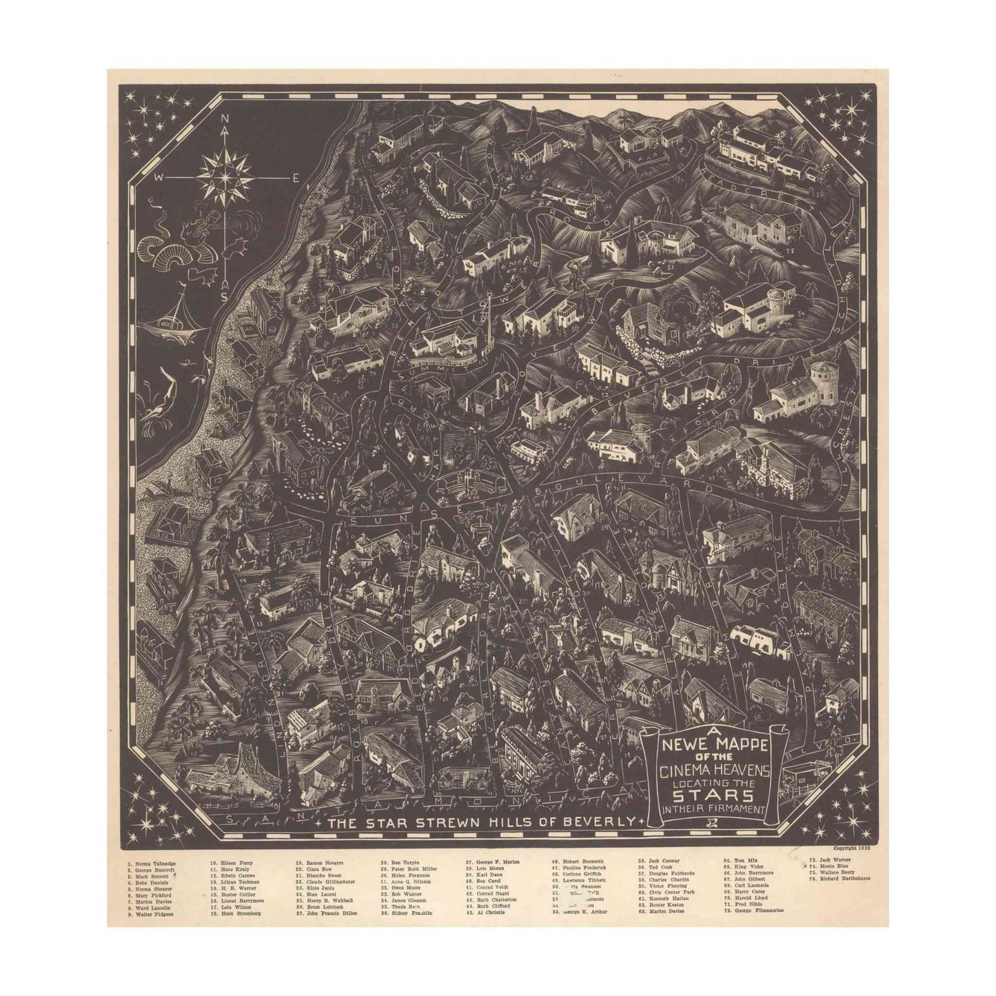 Vintage-style map of Beverly Hills with star constellations, framed.