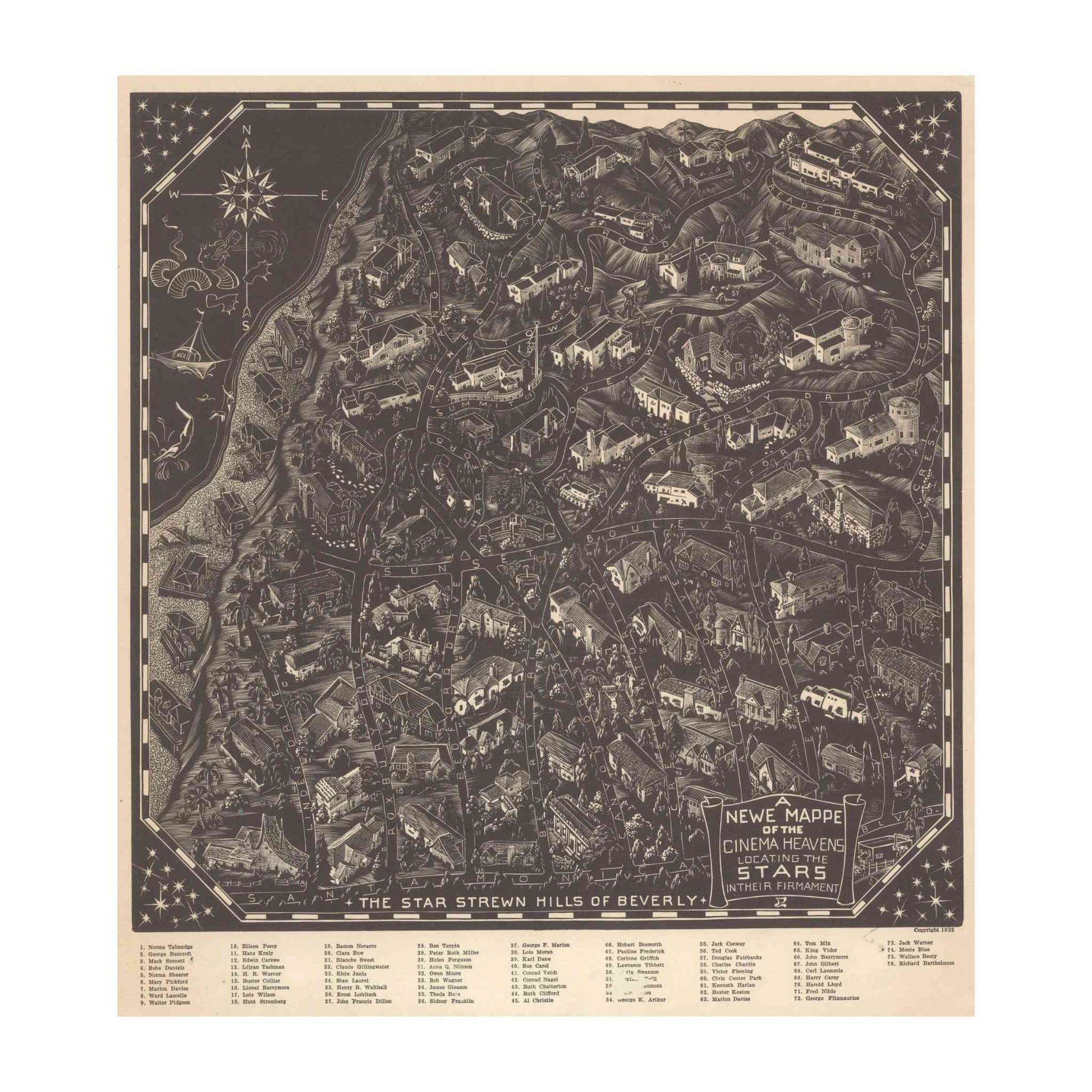 Vintage-style map of Beverly Hills with star constellations, framed.