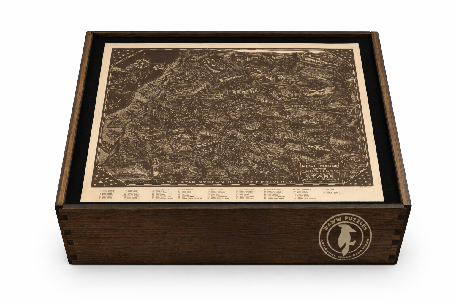 Artisan wooden puzzle box featuring Landacre's satirical star map. Wooden puzzle box with a map design on the lid and a brand logo on the side.