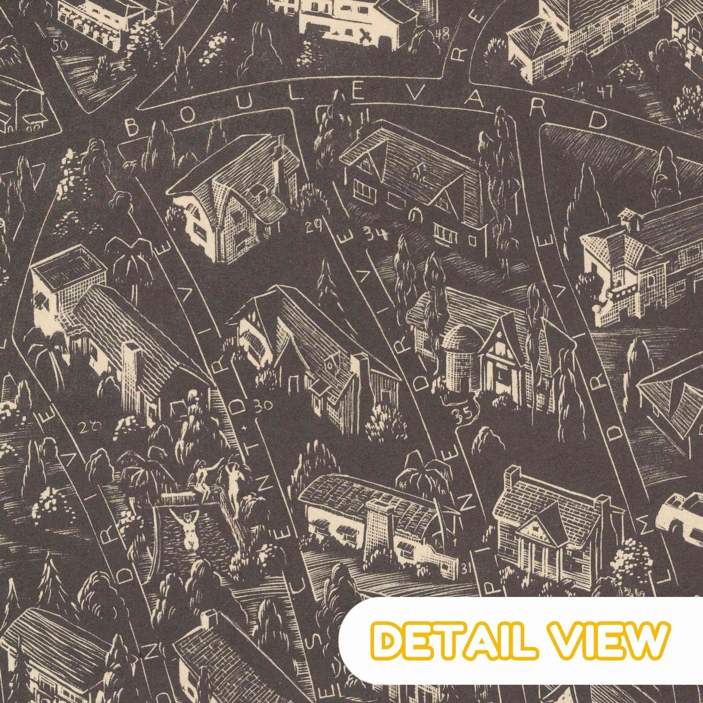 Detail of hollywood movie stars from 1930s landacre wood engraving social realism map puzzle