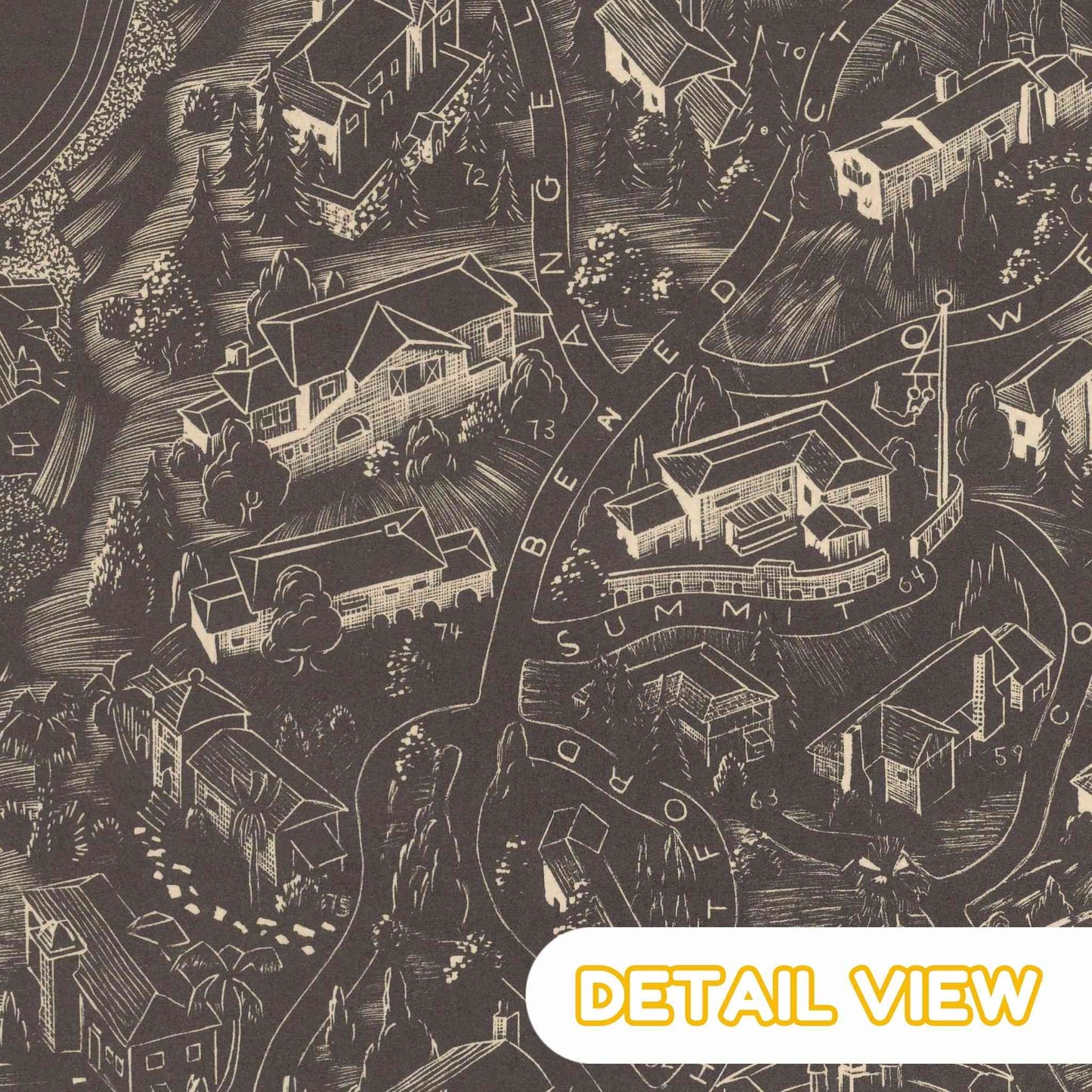 Detail of hollywood movie stars from 1930s landacre print with roads, street names and famous houses