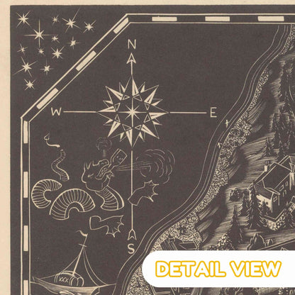 Vintage-style map with star constellations and a compass, featuring detailed illustrations of a house and landscape. Detail of hollywood movie stars from 1930s landacre print.