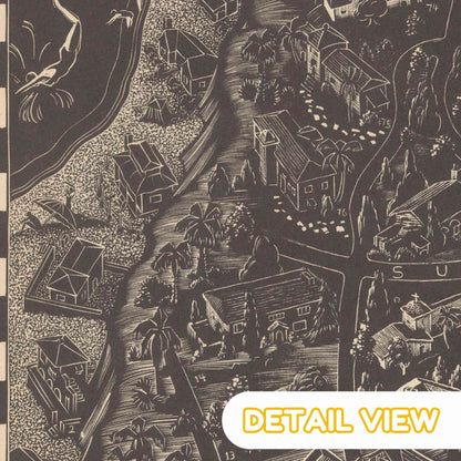 Detail of hollywood movie stars from landacre wood engraving 1930s social realism illustration, shows beach, diving and coast view mansions