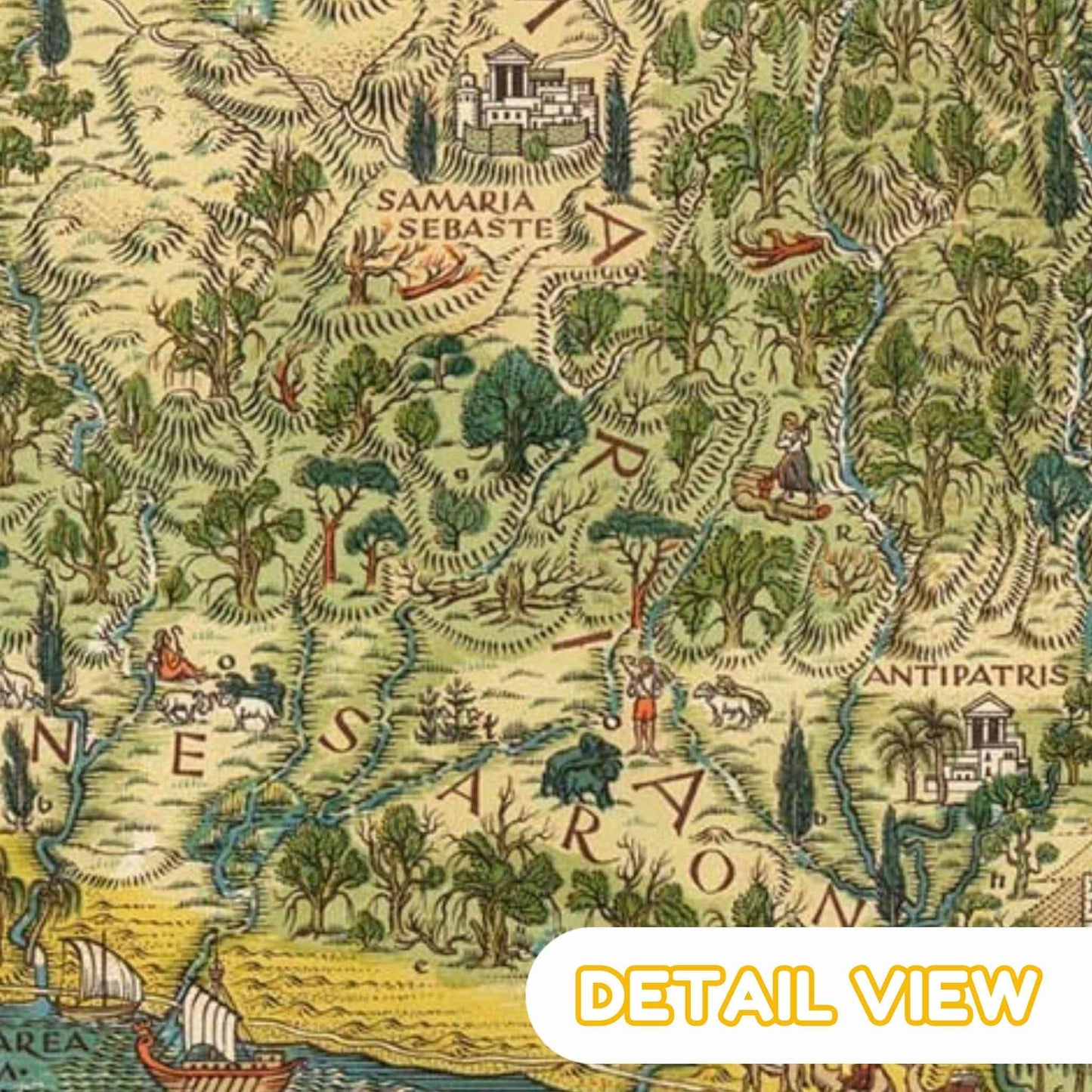 Detail of biblical events illustrated within the map's landscape.